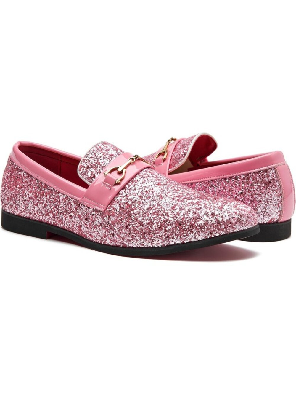 YICASXIHE Men's Pink Glitter Sequins Loafers Gold Buckle Slip On Formal Shoes